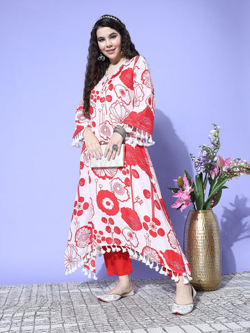 Peach Floral Printed V-Neck Straight Kurta With Tessels Hem Paired With Tonal Solid Bottom